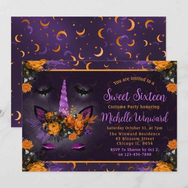 Halloween Floral Unicorn Face Sweet Sixteen Invitation (Front/Back)