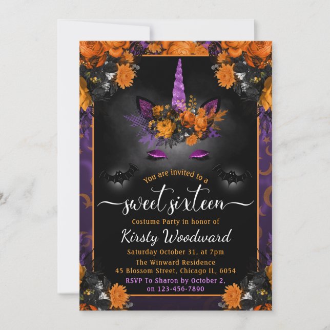 Halloween Floral Unicorn Face Sweet Sixteen Invitation (Front)