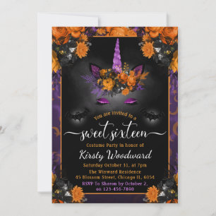 Halloween Floral Unicorn Face Sweet Sixteen Invitation