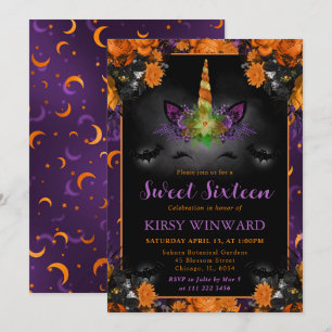 Halloween Floral Unicorn Face Sweet Sixteen Invitation