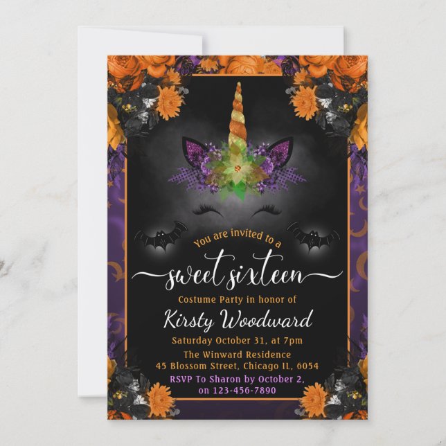 Halloween Floral Unicorn Face Sweet Sixteen Invitation (Front)