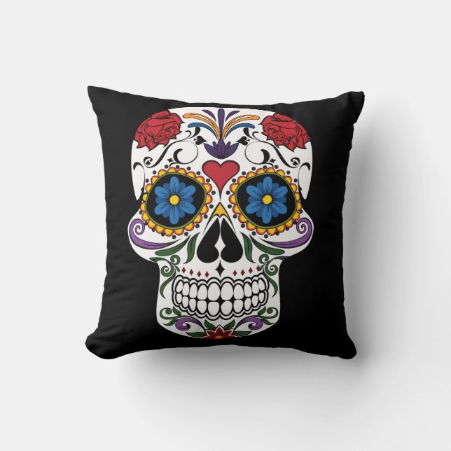 Halloween Floral Vintage Punk Sugar Skull Cushion (Front)