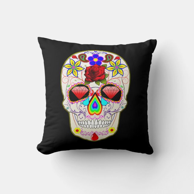Halloween Floral Vintage Punk Sugar Skull Cushion (Front)