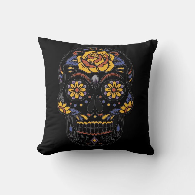 Halloween Floral Vintage Punk Sugar Skull Cushion (Front)