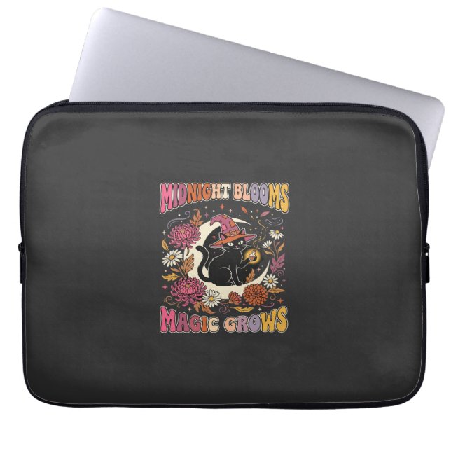 Halloween Floral Witch Cat Magic Laptop Sleeve (Front)