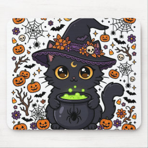 Halloween Flower Witch Cat Pumpkin Spooky Desk Mouse Mat