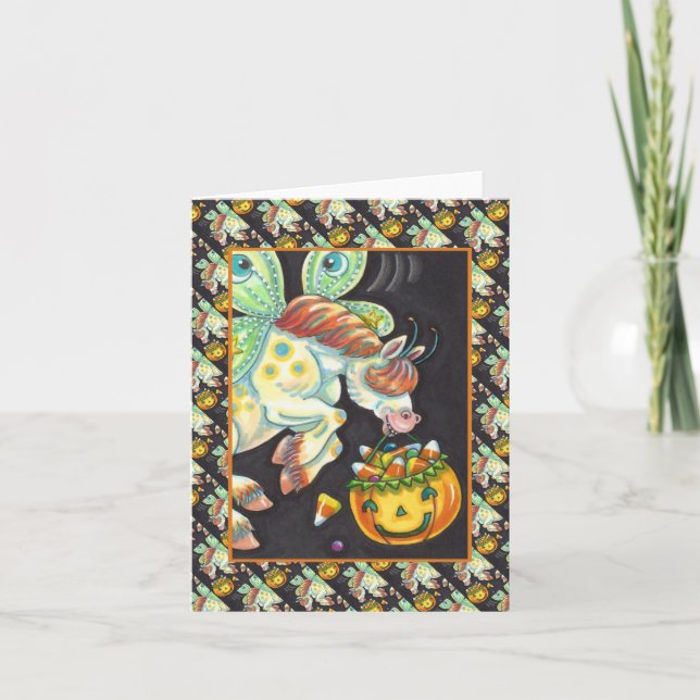 HALLOWEEN FLYING HORSE, CANDY CORN Blank Note Card (Front)