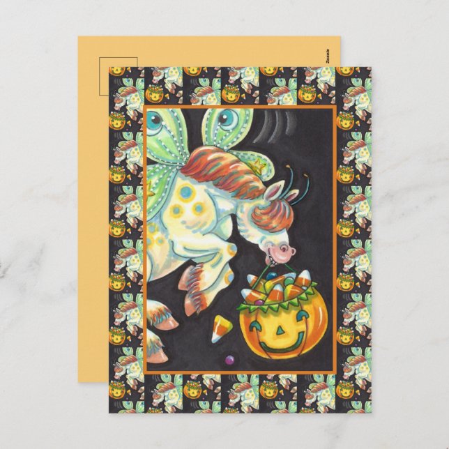 HALLOWEEN FLYING HORSE CANDY CORN HOLIDAY POSTCARD (Front/Back)