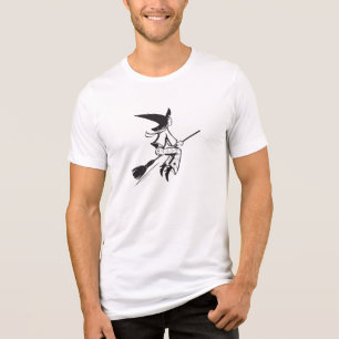 Halloween Flying Witch Black Line Drawing Tri-Blend Shirt