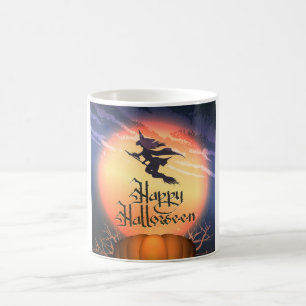 Halloween Flying Witch Broom Pumpkin Coffee Mug
