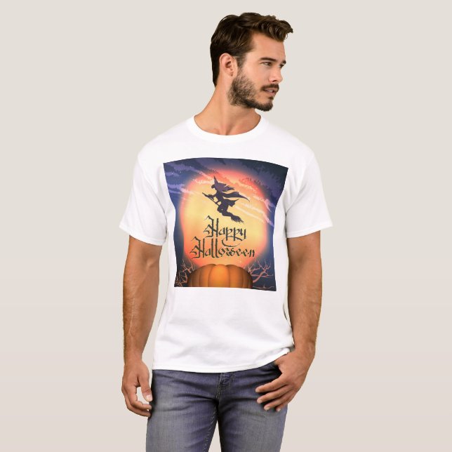 Halloween Flying Witch Broom Pumpkin T-Shirt (Front Full)