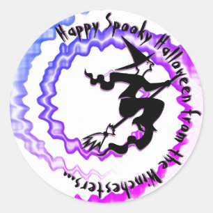 Halloween flying witch custom magic spell text classic round sticker