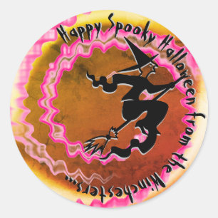 Halloween flying witch neon pink magic custom text classic round sticker