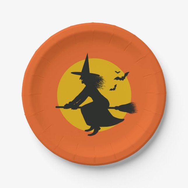 Halloween Flying Witch Paper Plates (Front)
