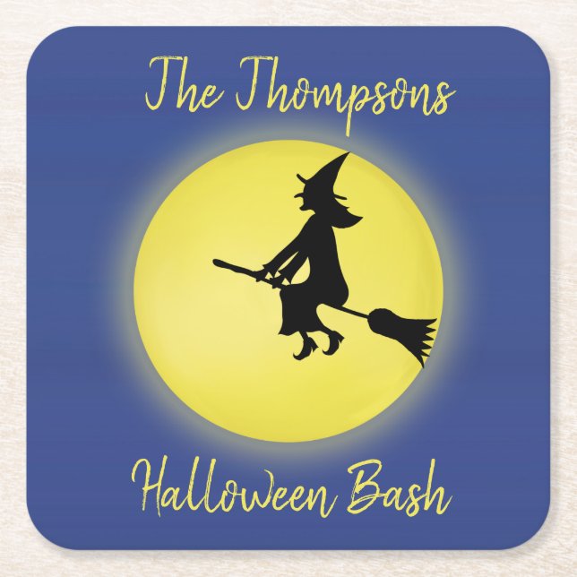 Halloween Flying Witch Silhouette in the Moonlight Square Paper Coaster (Front)