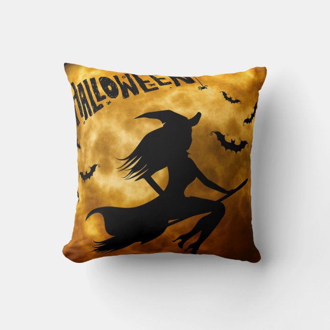 Halloween Flying Witch Throw Pillow Decoration (Front)
