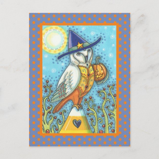 HALLOWEEN FOLK ART BARN OWL & CANDY CORN POSTCARD (Front)