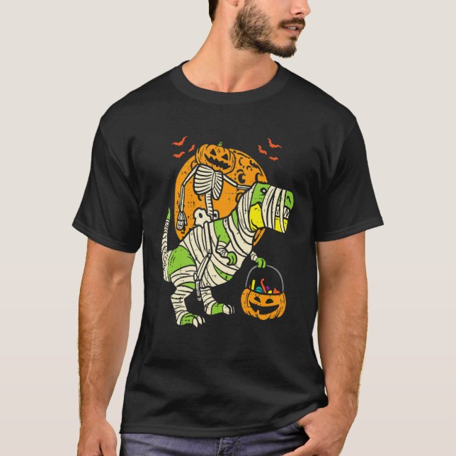 Halloween For Boys Kids Skeleton Riding Mummy Dino T-Shirt (Front)