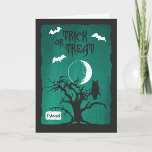Halloween for Friend, Owl Crooked Tree Moon & Bats Card
