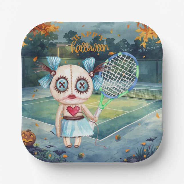 Halloween for Tennis Player with racket  Paper Plate (Front)