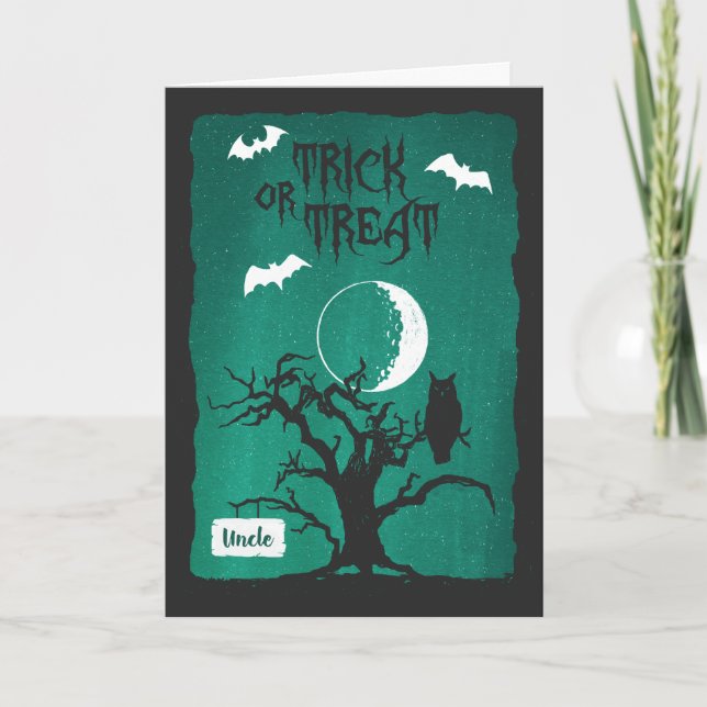 Halloween for Uncle, Owl Crooked Tree Moon & Bats Card (Front)