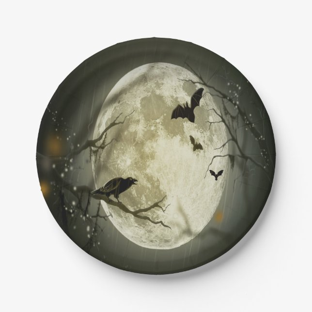 Halloween Forest, Bats, Landscape Paper Plate (Front)