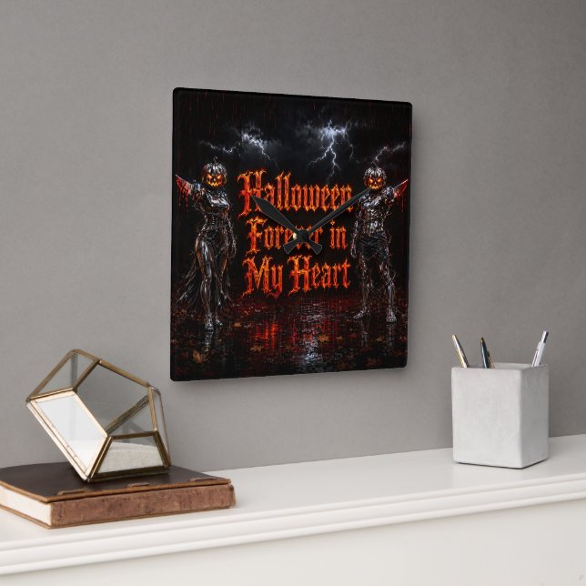 Halloween Forever In My Heart Gothic Pumpkin Jack  Square Wall Clock (Office)
