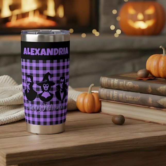 Halloween Frankenstein Witch Vampire Purple Plaid Insulated Tumbler (Creator Uploaded)
