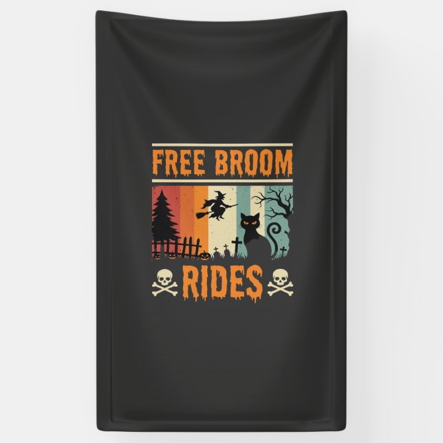 Halloween Free Broom Rides Witch Cat Banner (Vertical)