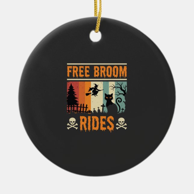 Halloween Free Broom Rides Witch Cat Ceramic Tree Decoration (Front)