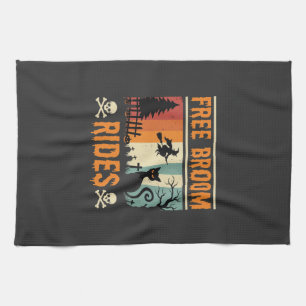 Halloween Free Broom Rides Witch Cat Tea Towel