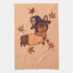 Halloween French Bulldog Autumn Witch Folk Art Kit Tea Towel
