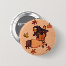 Halloween French Bulldog Autumn Witch Folk Art Pin