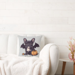 Halloween French Bulldog Bat Wings Pumpkins Cushion