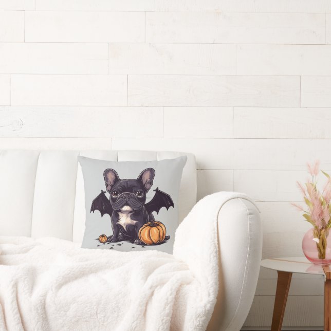 Halloween French Bulldog Bat Wings Pumpkins Cushion (Couch)