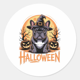 Halloween French Bulldog Outfit With Witch Hat And Classic Round Sticker