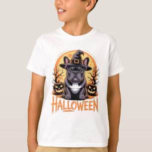 Halloween French Bulldog Outfit With Witch Hat And T-Shirt