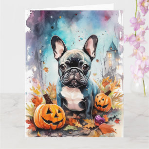 Halloween French Bulldog With Pumpkins Scary Card
