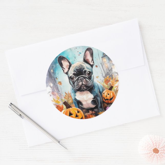 Halloween French Bulldog With Pumpkins Scary Classic Round Sticker (Envelope)