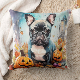 Halloween French Bulldog With Pumpkins Scary Cushion