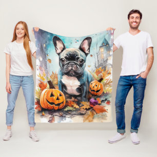 Halloween French Bulldog With Pumpkins Scary Fleece Blanket
