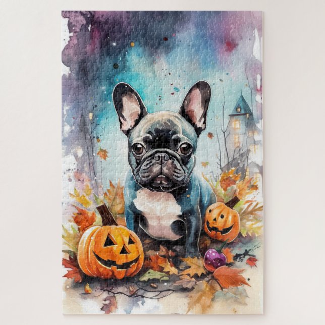 Halloween French Bulldog With Pumpkins Scary Jigsaw Puzzle (Vertical)