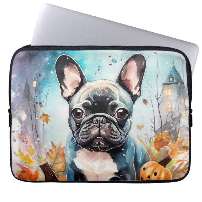 Halloween French Bulldog With Pumpkins Scary Laptop Sleeve (Front)