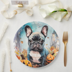 Halloween French Bulldog With Pumpkins Scary Paper Plate