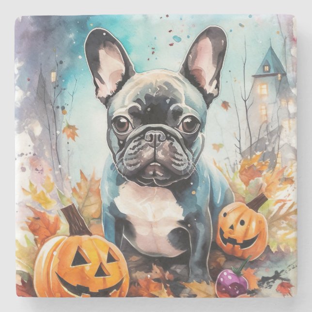 Halloween French Bulldog With Pumpkins Scary Stone Coaster (Front)