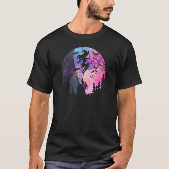 Halloween Frequent Flyer Flying Witch Full Moon Ca T-Shirt (Front)