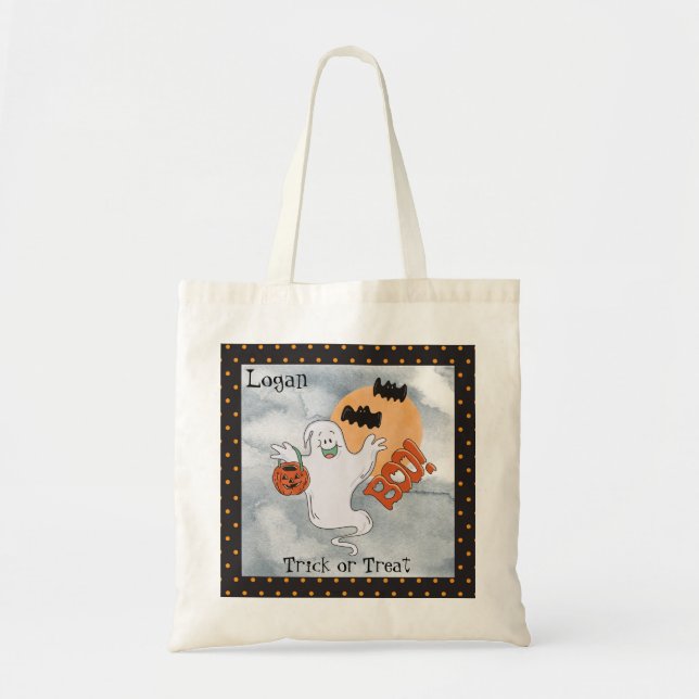 Halloween Friendly Ghost and Bats Trick or Treat Tote Bag (Front)