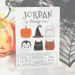Halloween Friends Cute Modern Boy Birthday Party Invitation<br><div class="desc">This modern design features the birthday boy's name in big capital letters in one of my favourite decorative fonts, below, his age appears in cute script typography. Underneath, in the middle of the card, there are 6 Halloween friends: a pumpkin, a vampire, a witch's hat, a black cat, a ghost,...</div>