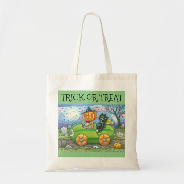 HALLOWEEN FRIENDS, JACK & BLACK CAT TRICK OR TREAT TOTE BAG (Front)