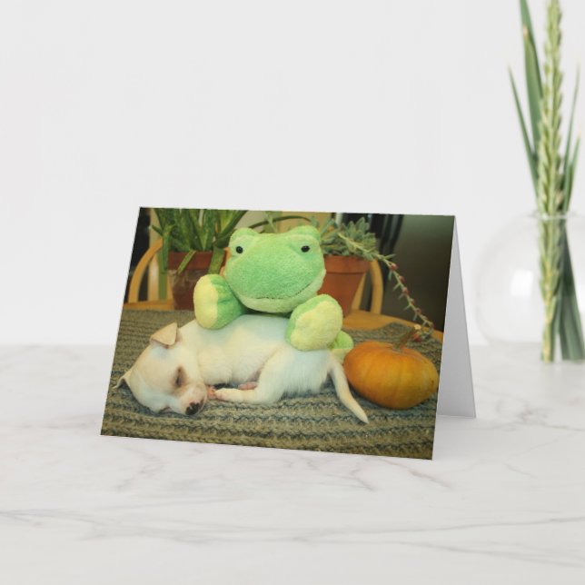 Halloween Frog, Puppy, and Pumpkin Greeting Card (Front)